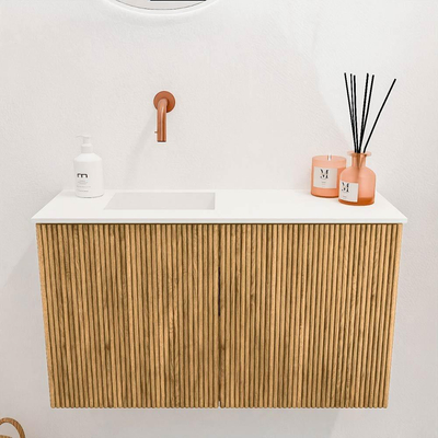 Mondiaz JOYA 70cm toiletmeubel - kleur Oak - Wastafel FAYE positie Links Zonder kraangat kleur Talc.