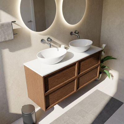 Saniclass Holz Frame Ensemble meuble de salle de bains - 140x45x62.5cm - plan Torino en solid surface blanc - sans trou de robinet - 4 tiroirs - noyer pure mat (bois)