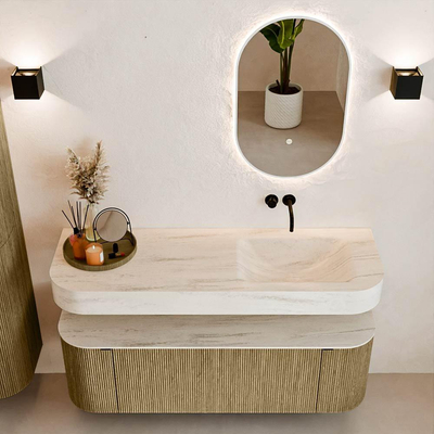 MONDIAZ THOR-DLUX 140cm meuble de salle de bains arrondi gauche + droite couleur Dusk avec 1 tiroir et 2 portes. Vasque suspendue CLOUD droite sans trou de robinet couleur Meli.