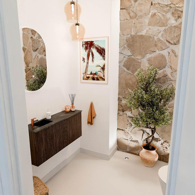Mondiaz JOYA-DLUX 90cm toiletmeubel - kleur Walnut - Wastafel FAYE positie Links 1 kraangat kleur Lava.
