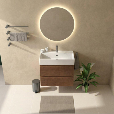 Saniclass Holz Atelier Ensemble meuble de salle de bains - 80x45x72cm - Legend lavabo en céramique blanc - 1 vasque - 1 trou de robinet - 2 tiroirs - mat walnut pure (bois)