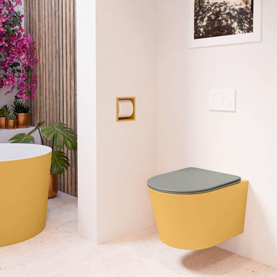 Mondiaz LAVIE hangtoilet – spoelrandloos – 36 x 53 cm – met softclose zitting – Ocher (geel), zitting Smoke (lichtbruin)