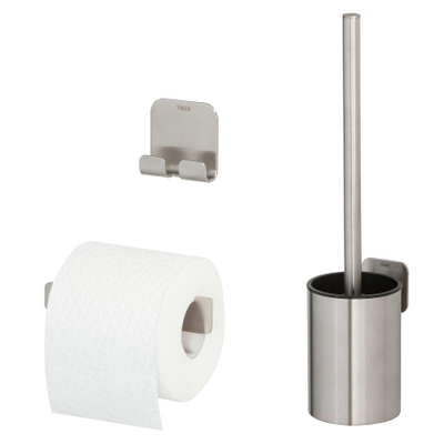 Tiger Colar Ensemble d’accessoires pour toilettes - porte-rouleau de papier toilette - sans couvercle - porte-balai de WC - patère - autocollant - acier inoxydable brossé