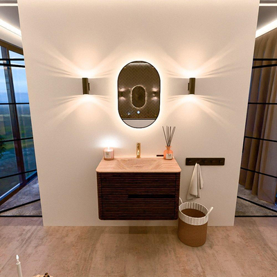 Mondiaz CIRO-DLUX Badkamermeubelset - 80x45x50cm - Solid surface wastafel Saba - 1 wasbak Midden - 1 kraangat - 2 lades - Walnut