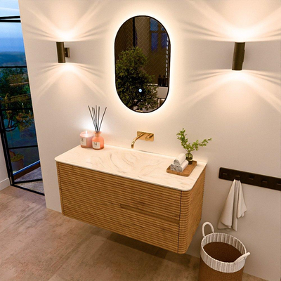 Mondiaz CIRO-DLUX Meuble de salle de bains - 110x45x50cm - Plan vasque solid surface Ostra - 1 lavabo central - sans trous de robinetterie - 2 tiroirs - Chêne