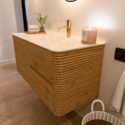 Mondiaz CIRO-DLUX Badkamermeubelset - 110x45x50cm - Solid surface wastafel Ostra - 1 wasbak Rechts - 1 kraangat - 2 lades - Oak