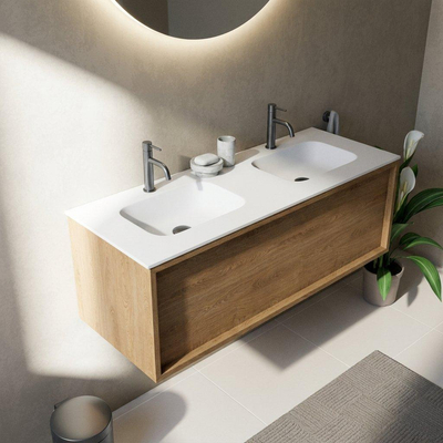 Saniclass Holz Frame Ensemble meuble de salle de bains - 120x45x41.5cm - Flow lavabo en solid surface blanc - 2 vasques - 2 trous de robinetterie - 1 tiroir - chêne natural mat (bois)