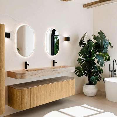 MONDIAZ THOR-DLUX Meuble de salle de bains 170cm arrondi gauche + droite couleur Oak avec 1 tiroir et 2 portes. Vasque suspendue CLOUD Double 2 trous de robinet couleur Arena.