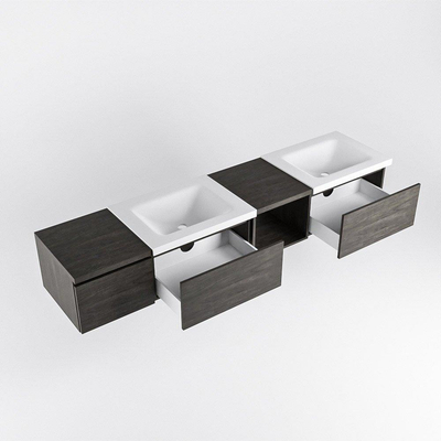 MONDIAZ BUKLA 200cm ensemble de meuble avec module ouvert 40 à droite couleur Marron Foncé avec 3 tiroirs. Lavabo CLOUD double 0 trous de robinet couleur Talc.