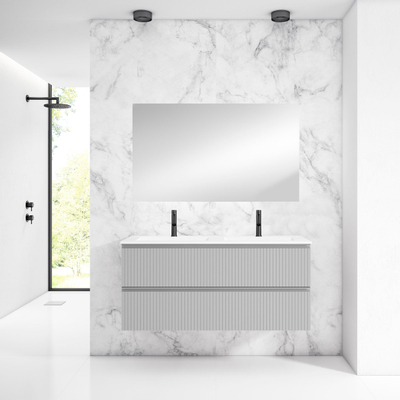 Saniclass Prime Blend Meuble de salle de bain - 120x55x46cm - 2 vasques rectangulaires en céramique blanc - 2 trous de robinet - 2 tiroirs - miroir rectangulaire - mat greige (gris)