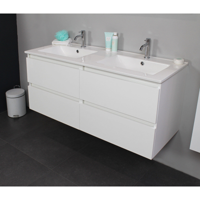 Basic Bella Meuble avec lavabo en porcelaine 2 trous de robinet 120x55x46cm avec armoire toilette à 2 portes gris Blanc brillant