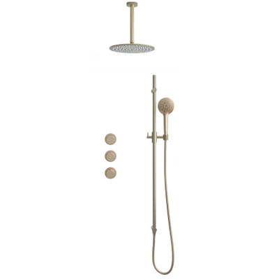 Fortifura Nebbio Regendoucheset - inbouwkraan - inbouwdeel - glijstang - doucheslang glad - ronde handdouche - 20cm plafondarm - ronde hoofddouche - PVD - geborsteld messing (goud)