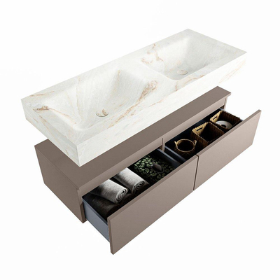 Mondiaz ALAN-DLUX Ensemble de meuble - 120cm - meuble Smoke mat - 2 tiroirs - Lavabo Cloud Frappe suspendu - vasque Gauche et droite - 2 trous de robinet
