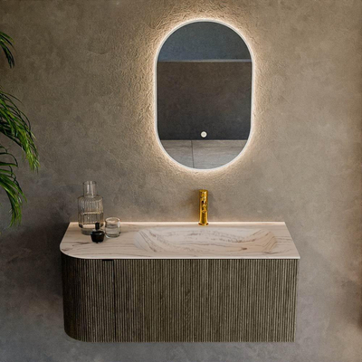 MONDIAZ KURVE-DLUX Meuble de salle de bains 105cm arrondi à gauche couleur Shadow avec 1 tiroir et 1 porte. Lavabo BIG SMALL à droite 1 trou de robinet Nata.
