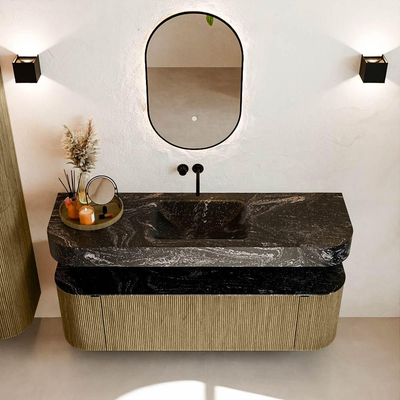 MONDIAZ THOR-DLUX 150cm meuble de salle de bains arrondi gauche + droite couleur Dusk avec 1 tiroir et 2 portes. Vasque suspendue CLOUD Milieu sans trou de robinet couleur Lava.