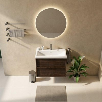 Saniclass Holz Frame Ensemble de meuble de salle de bains - 80x45x63.5cm - Lavabo en céramique Bari blanc - 1 vasque - 1 trou de robinet - 2 tiroirs - chêne charcoal mat (bois)