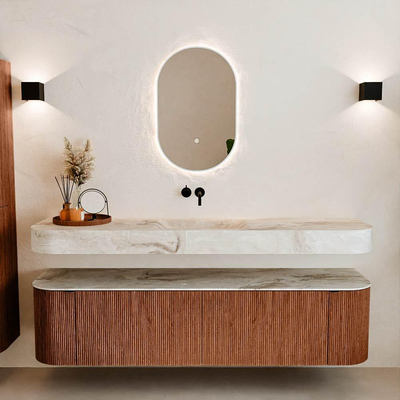 MONDIAZ THOR-DLUX 180cm meuble de salle de bains arrondi gauche + droite couleur Ruby avec 2 tiroirs et 2 portes. Vasque suspendue CLOUD Centre sans trou de robinet couleur Frappe.