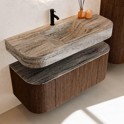 MONDIAZ THOR-DLUX 110cm meuble de salle de bains arrondi gauche + droite couleur Walnut avec 1 tiroir et 2 portes. Vasque suspendue CLOUD Milieu 1 trou de robinet couleur Oza.