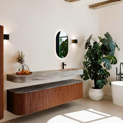 MONDIAZ THOR-DLUX Meuble de salle de bains - 190cm - arrondi gauche + droite - couleur Ruby - 2 tiroirs et 2 portes - Vasque suspendue CLOUD Droite 1 trou de robinet couleur Oza