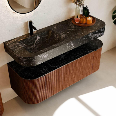 MONDIAZ THOR-DLUX 130cm meuble de salle de bains arrondi gauche + droite couleur Ruby avec 1 tiroir et 2 portes. Vasque suspendue CLOUD Gauche 1 trou de robinet couleur Lava.