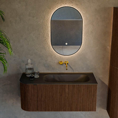 MONDIAZ KURVE 105cm badmeubel met module 25 L kleur Walnut met 1 lade en 1 deur. Wastafel BIG SMALL rechts zonder kraangat Urban.