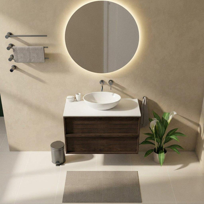 Saniclass Holz Frame Ensemble de meuble de salle de bains - 100x45x62.5cm - Plan de toilette Torino en solid surface blanc - sans trou de robinetterie - 2 tiroirs - chêne charcoal mat (bois)