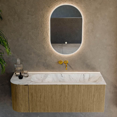 Mondiaz KURVE-DLUX Ensemble de meuble salle de bain - 125x46x40cm - 1 tiroir - 1 porte - lavabo en solid surface - droite - sans trou de robinet - Dusk