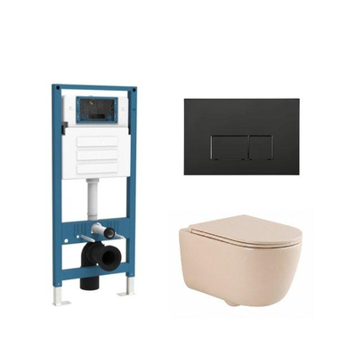 QeramiQ Dely Swirl Ensemble de toilette - réservoir encastré Qeramiq Flush - abattant slim - plaque de commande en métal noir mat - boutons rectangulaires - beige