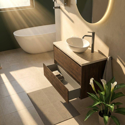 Saniclass Holz Pure Ensemble de meubles de salle de bains - 100x45x63cm - Plan de travail en pierre naturelle travertin - 1 trou de robinetterie - 2 tiroirs - chêne charcoal mat (bois)