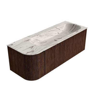 MONDIAZ KURVE-DLUX 125cm badmeubel ronding Links kleur Walnut met 1 lade en 1 deur. Wastafel BIG MEDIUM Rechts 1 kraangat Nata.