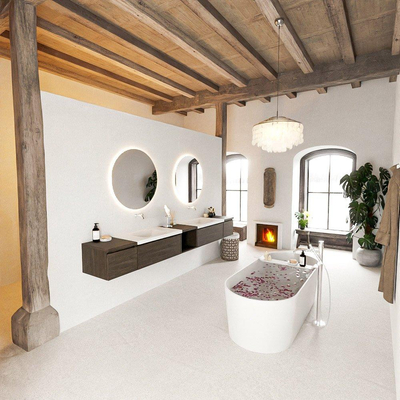 MONDIAZ BUKLA 280cm ensemble de meuble avec module ouvert 40 au milieu couleur Marron Foncé avec 4 tiroirs. Lavabo CLOUD double 0 trous de robinet couleur Talc.