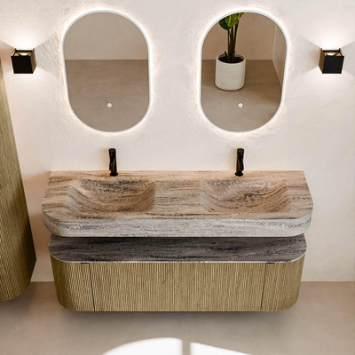 MONDIAZ THOR-DLUX 150cm meuble de salle de bains arrondi gauche + droite couleur Dusk avec 1 tiroir et 2 portes. Vasque suspendue CLOUD Double 2 trous de robinet couleur Oza.