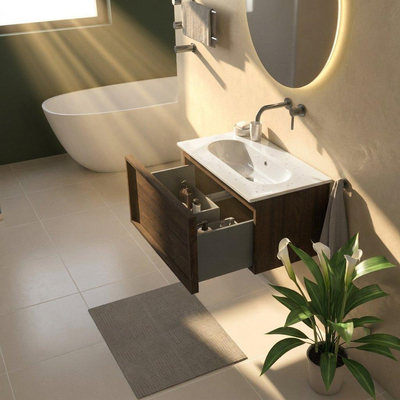 Saniclass Holz Frame Ensemble de meubles de salle de bains - 80x45x53.9cm - lavabo Chaci en céramique blanc - 1 vasque - sans trou de robinetterie - 1 tiroir - chêne charcoal mat (bois)