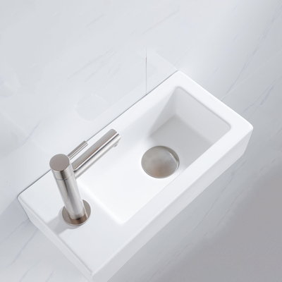 QeramiQ Fuente Fonteinset - 37.5x18.5x9cm - keramiek - kraangat links - fonteinkraan geborsteld RVS - afvoerplug - verlaagd sifon - Mat wit
