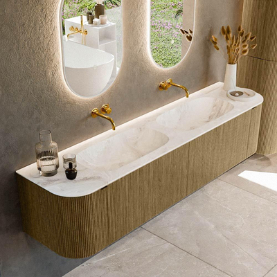 Mondiaz KURVE-DLUX Ensemble meuble de salle de bains - 190x46x40cm - 2 tiroirs - 2 portes - lavabo solid surface - double - sans trou de robinet - Dusk