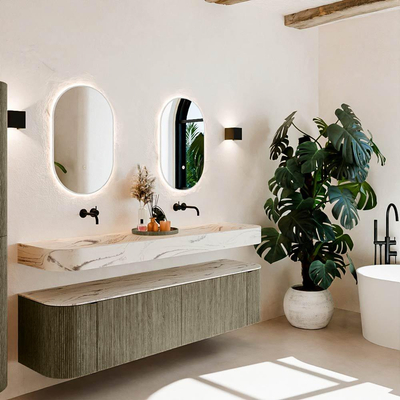 MONDIAZ THOR-DLUX 180cm meuble de salle de bains arrondi gauche + droite couleur Shadow avec 2 tiroirs et 2 portes. Vasque suspendue CLOUD Double sans trou de robinet couleur Nata.