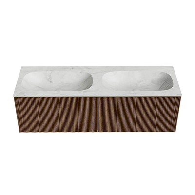 MONDIAZ KURVE-DLUX 140cm Meuble salle de bain - couleur Walnut - 2 tiroirs - vasque STOR SMALL double - 2 trous de robinet - couleur Opalo