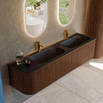 MONDIAZ KURVE 175cm Meuble salle de bain avec module 25 G - couleur Walnut - 2 tiroirs - 1 porte - vasque BIG SMALL double / droite - 2 trous de robinet - Urban