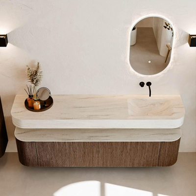 MONDIAZ THOR-DLUX 190cm badmeubel ronding links + rechts kleur Walnut met 2 lades en 2 deuren. Vrijhangende wastafel CLOUD Rechts zonder kraangat kleur Meli.