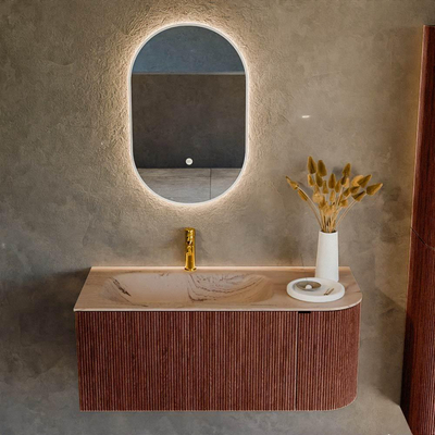 MONDIAZ KURVE-DLUX Meuble de salle de bains 105cm arrondi Droit couleur Ruby avec 1 tiroir et 1 porte. Lavabo BIG SMALL Gauche 1 trou de robinet Arena.
