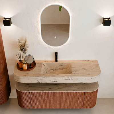 MONDIAZ THOR-DLUX 140cm meuble de salle de bains arrondi gauche + droite couleur Ruby avec 1 tiroir et 2 portes. Vasque suspendue CLOUD Milieu 1 trou de robinet couleur Arena.