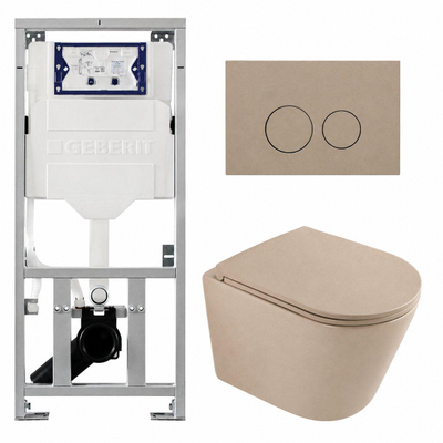 QeramiQ Dely Pack WC - 36,3x51,7cm - à fond creux - sans bride - réservoir encastré Geberit UP320 - abattant WC à fermeture douce - plaque de déclenchement taupe - boutons ronds - mat beige