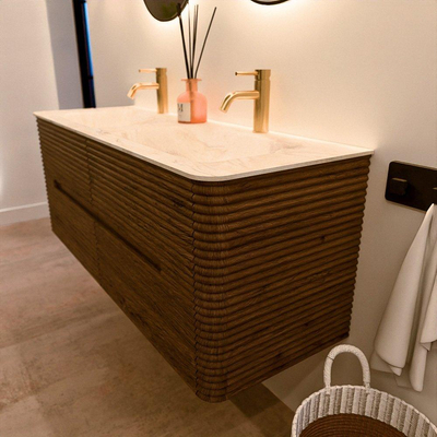 Mondiaz CIRO-DLUX Badkamermeubelset - 130x45x50cm - Solid surface wastafel Ostra - 2 wasbak Dubbel - 2 kraangaten - 4 lades - Dusk