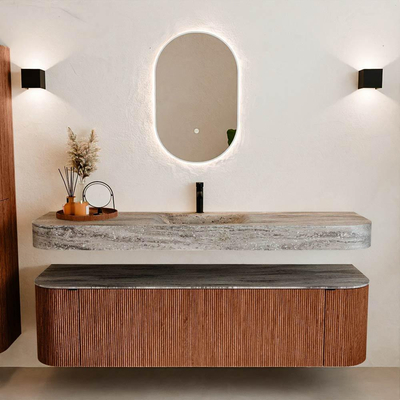 MONDIAZ THOR-DLUX 170cm meuble de salle de bains arrondi gauche + droite couleur Ruby avec 1 tiroir et 2 portes. Vasque suspendue CLOUD Milieu 1 trou de robinet couleur Oza.