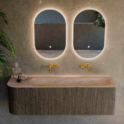 MONDIAZ KURVE-DLUX 145cm badmeubel ronding Links kleur Shadow met 1 lade en 1 deur. Wastafel BIG LARGE Rechts zonder kraangat Saba.
