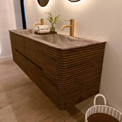 Mondiaz CIRO-DLUX Badkamermeubelset - 150x45x50cm - Solid surface wastafel Sombra - 2 wasbak Dubbel - 2 kraangaten - 4 lades - Dusk