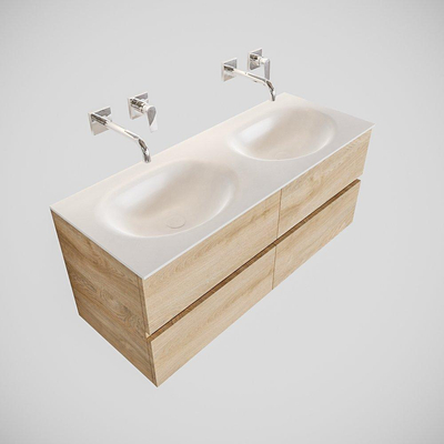 MONDIAZ VICA Badkamermeubelset - 120cm - 4 lades - wasbak Moon dubbel - 0 kraangaten - solid surface washed oak