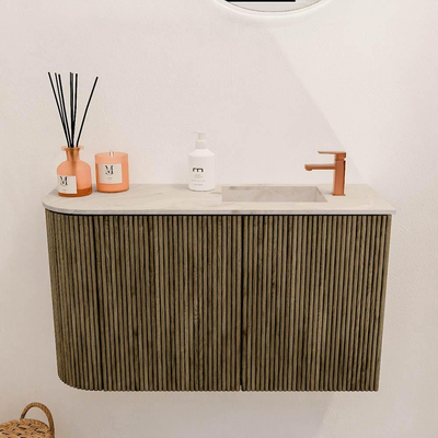 Mondiaz JOYA-DLUX Meuble de salle de bains 71,6cm - arrondi gauche couleur Dusk - Vasque FAYE position droite 1 trou de robinet couleur Frappe.