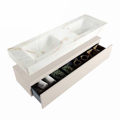 Mondiaz ALAN-DLUX Ensemble de meuble - 150cm - meuble Linen mat - 1 tiroir - Lavabo Cloud Frappe suspendu - vasque Gauche et droite - 0 trous de robinet