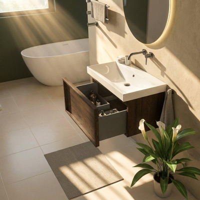 Saniclass Holz Frame Ensemble meuble de salle de bains - 80x45x47.5cm - lavabo Wave en céramique - 1 vasque - sans trou de robinet - 1 tiroir - chêne charcoal mat (bois)
